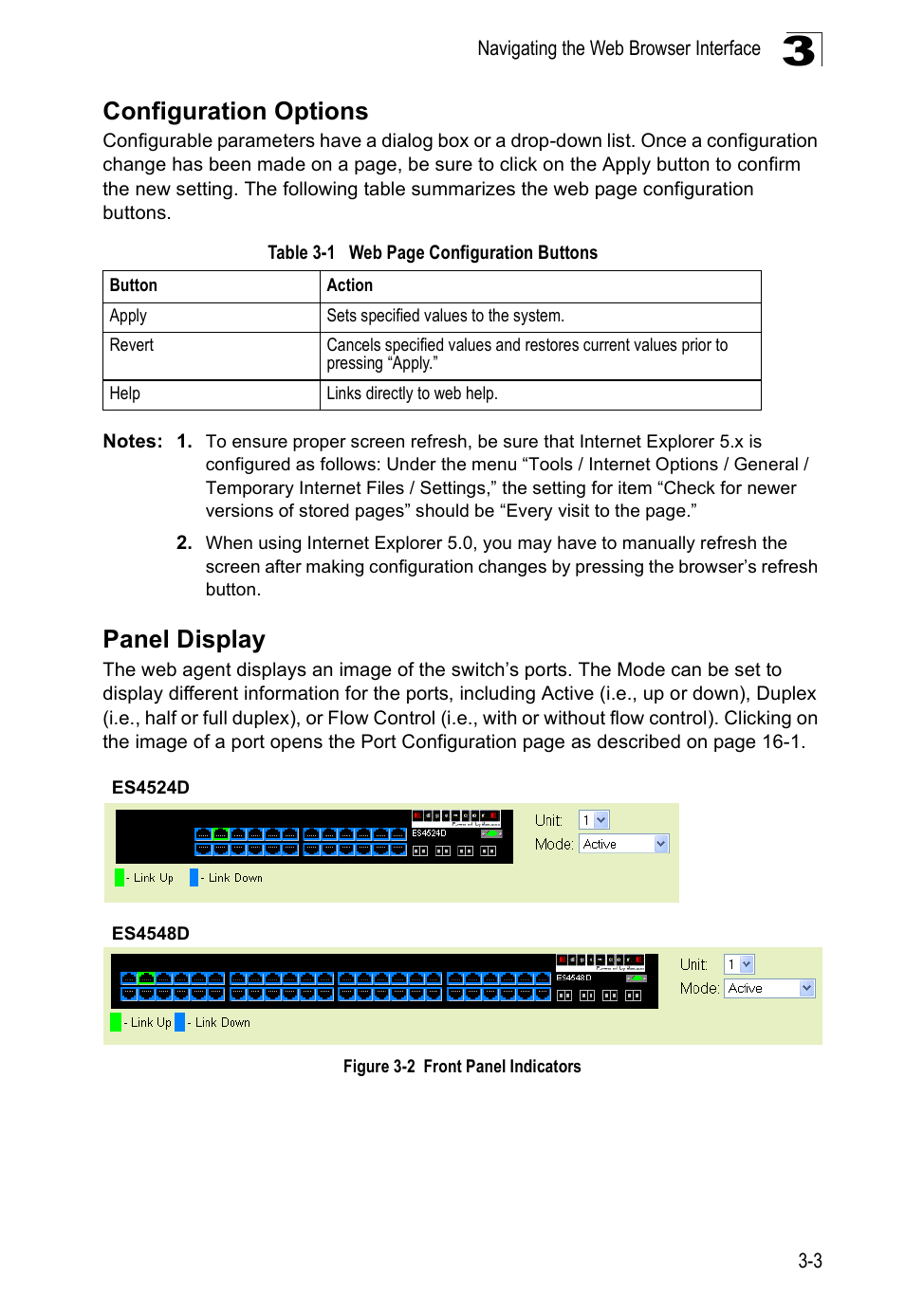 Configuration options, Panel display, Table 3-1 | Figure 3-2, Front panel indicators | Accton Technology Direk Tronik ES4524D User Manual | Page 55 / 588