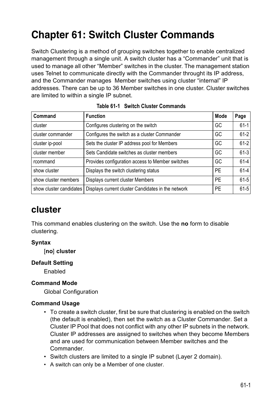 Chapter 61: switch cluster commands, Cluster, Cluster 61-1 | Table 61-1, Switch cluster commands | Accton Technology Direk Tronik ES4524D User Manual | Page 561 / 588