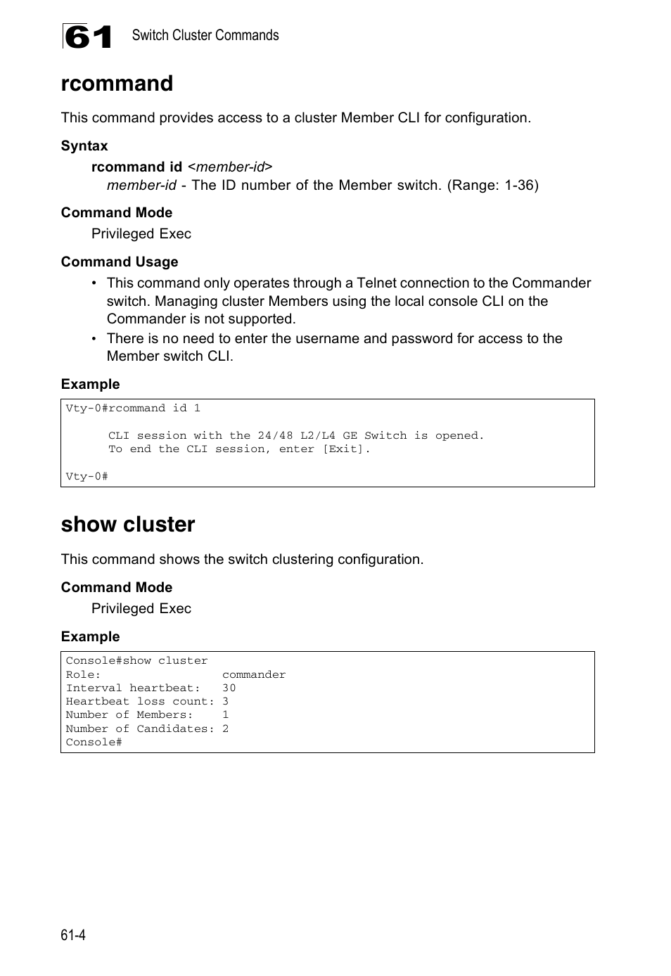 Rcommand, Show cluster, Rcommand 61-4 show cluster | Accton Technology Direk Tronik ES4524D User Manual | Page 564 / 588