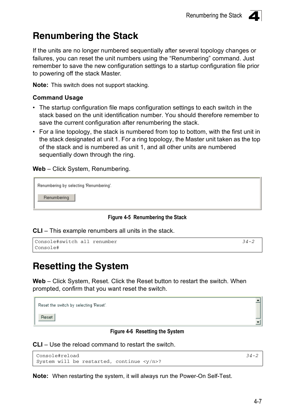 Renumbering the stack, Resetting the system, Figure 4-5 | Figure 4-6 | Accton Technology Direk Tronik ES4524D User Manual | Page 67 / 588
