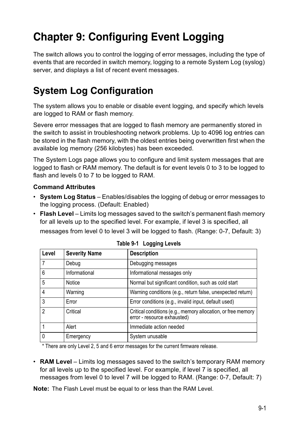 Chapter 9: configuring event logging, System log configuration, Table 9-1 | Logging levels, Configuring event logging | Accton Technology Direk Tronik ES4524D User Manual | Page 93 / 588