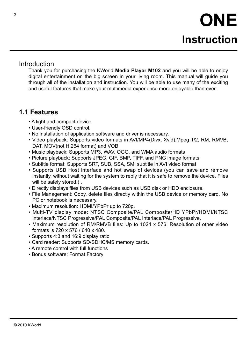 Instruction, Introduction, 1 features | KWorld M102 User Manual | Page 2 / 20