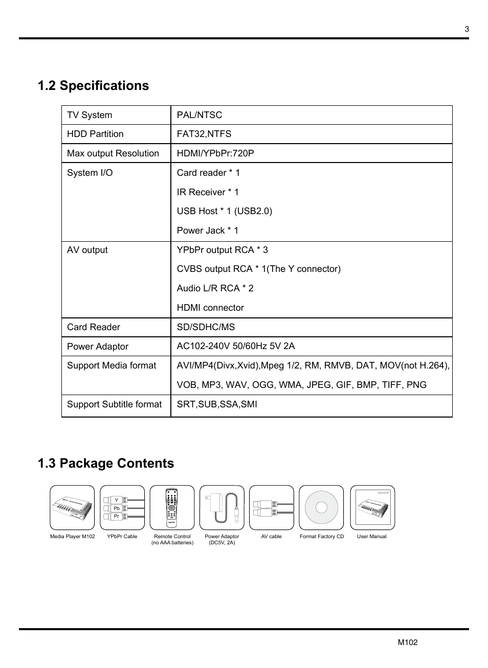 2 specifications 1.3 package contents | KWorld M102 User Manual | Page 3 / 20