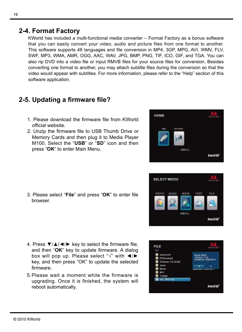 4. format factory 2-5. updating a firmware file | KWorld M100 User Manual | Page 16 / 20