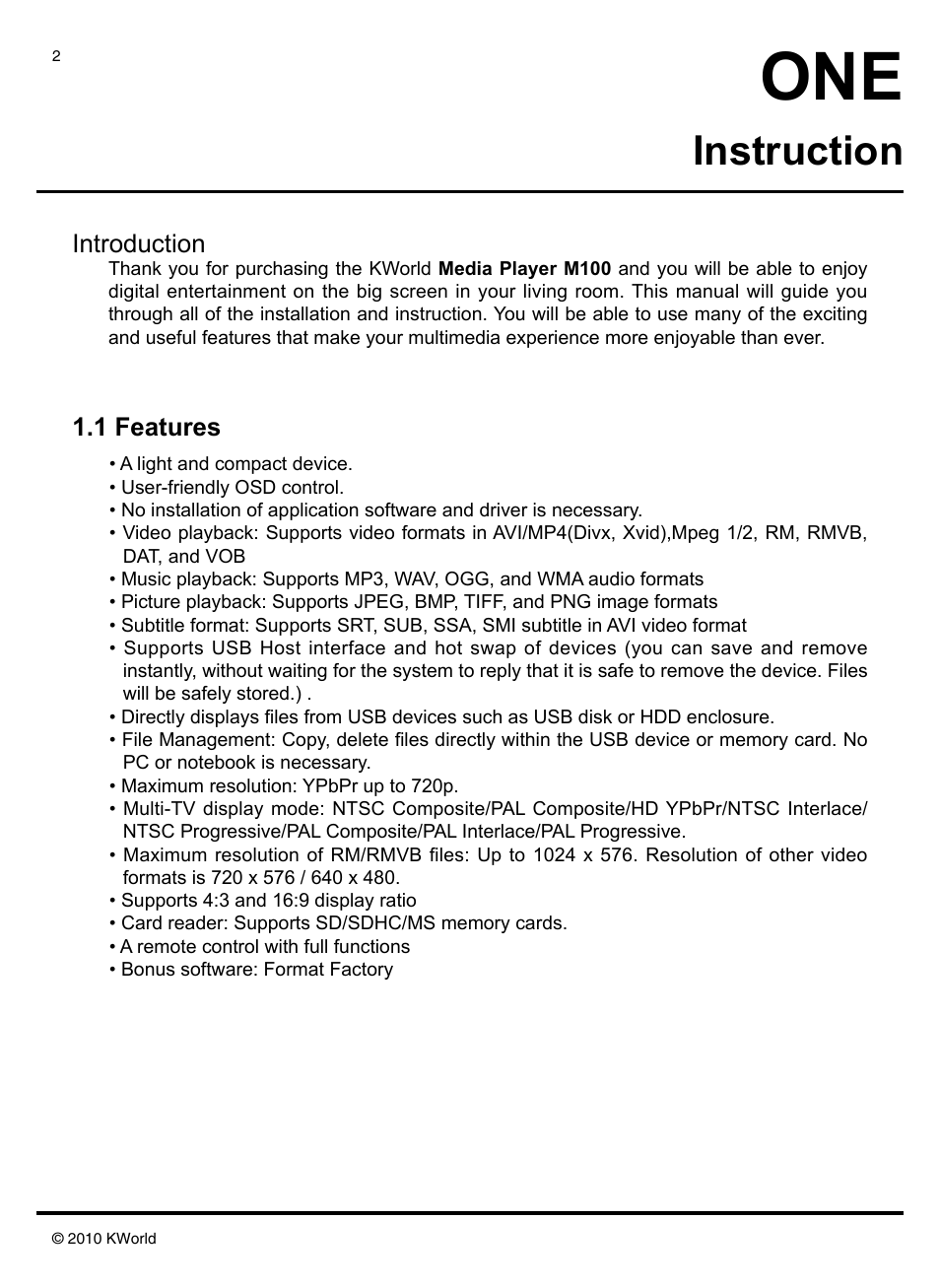 Instruction, Introduction, 1 features | KWorld M100 User Manual | Page 2 / 20