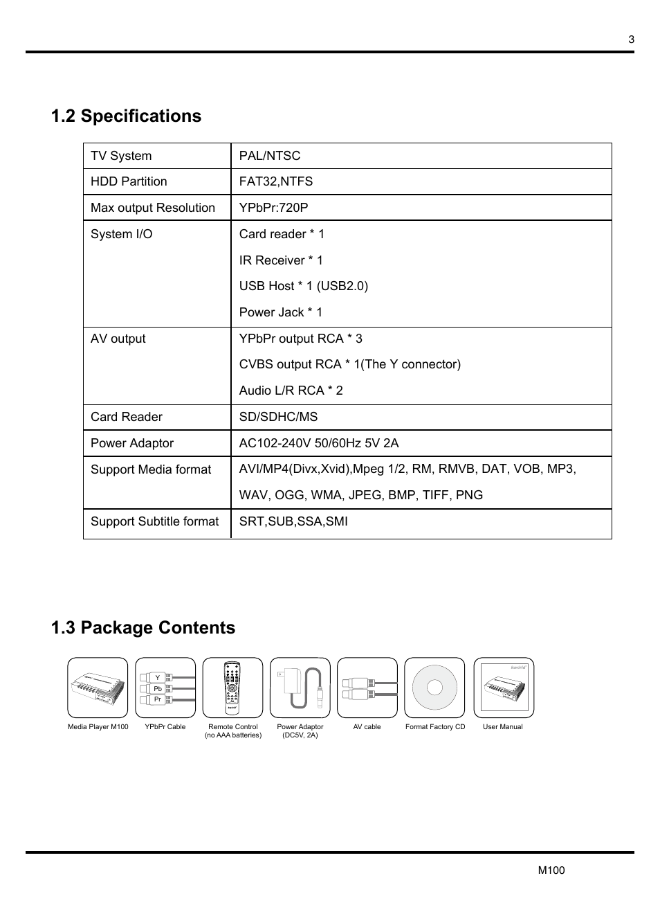 2 specifications 1.3 package contents | KWorld M100 User Manual | Page 3 / 20