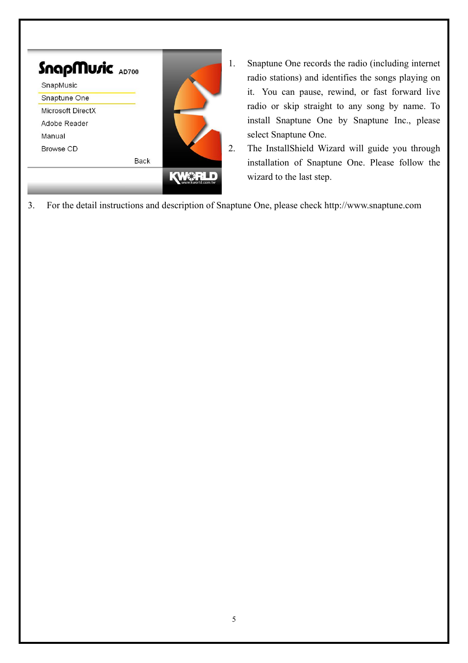 2 the snaptune one application installation, The snaptune one application installation | KWorld FM700 User Manual | Page 5 / 6
