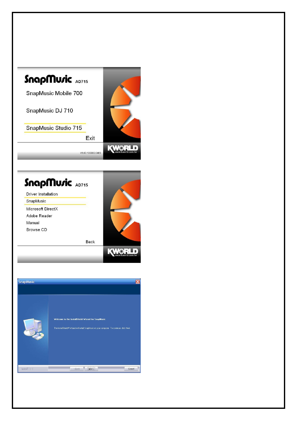 1 the snapmusic application installation, The snapmusic application installation | KWorld AD715 User Manual | Page 4 / 8