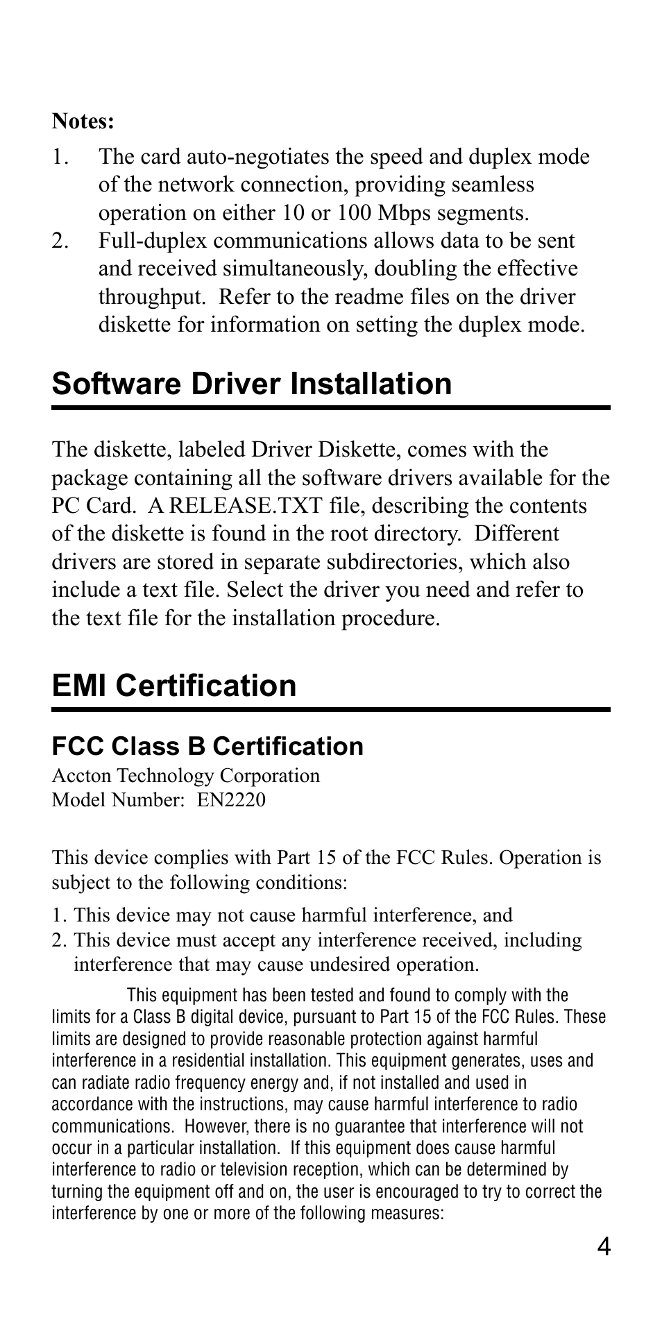 Software driver installation, Emi certification, Fcc class b certification | Accton Technology FAST ETHERCARD 32 User Manual | Page 4 / 8