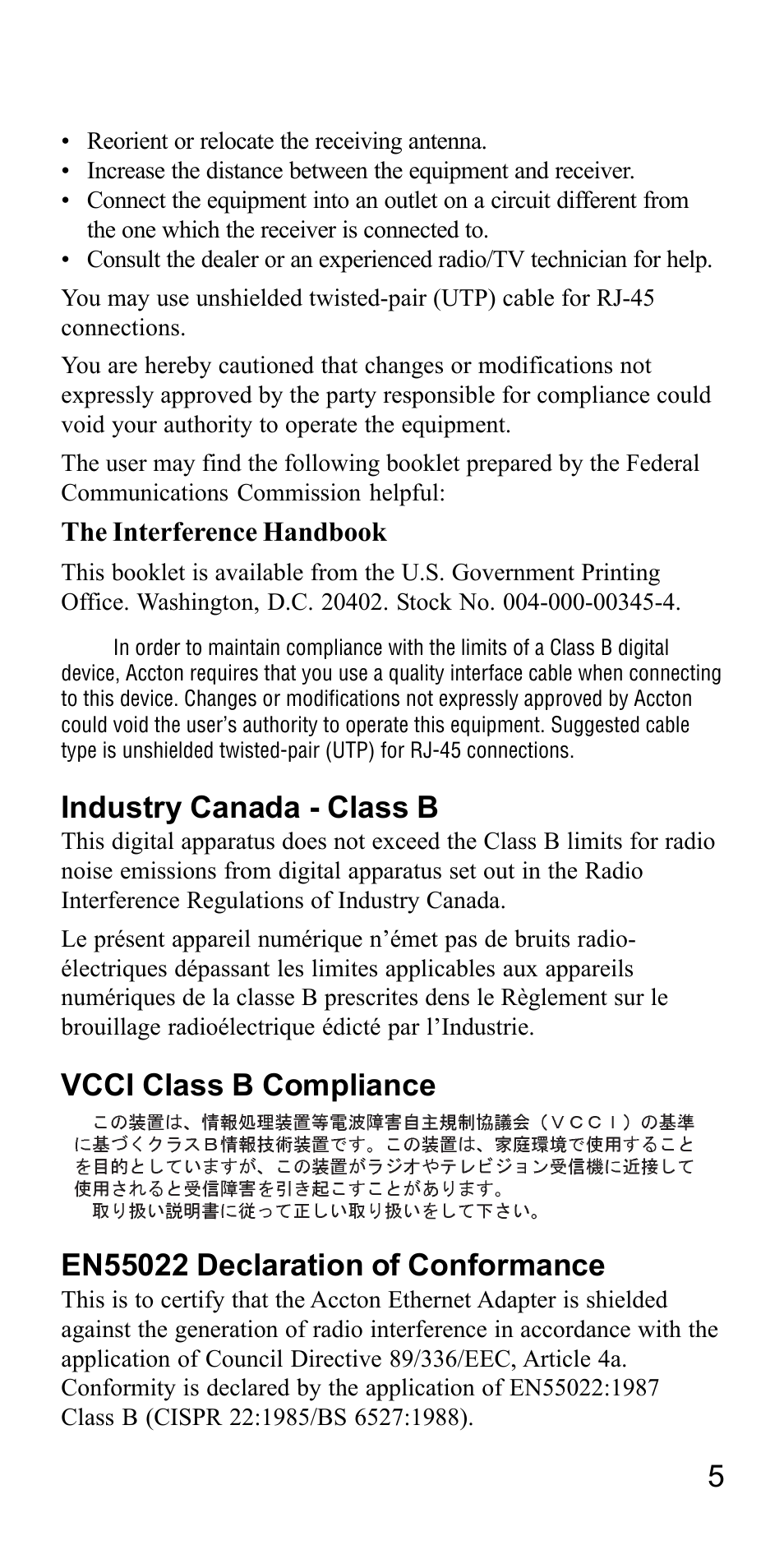 Industry canada - class b | Accton Technology FAST ETHERCARD 32 User Manual | Page 5 / 8