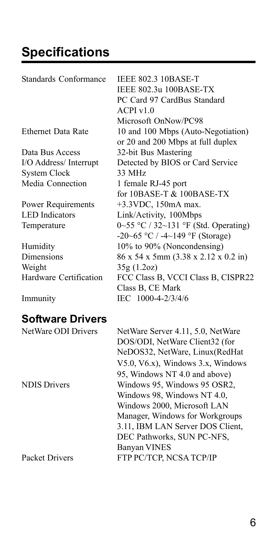 Specifications, Software drivers | Accton Technology FAST ETHERCARD 32 User Manual | Page 6 / 8