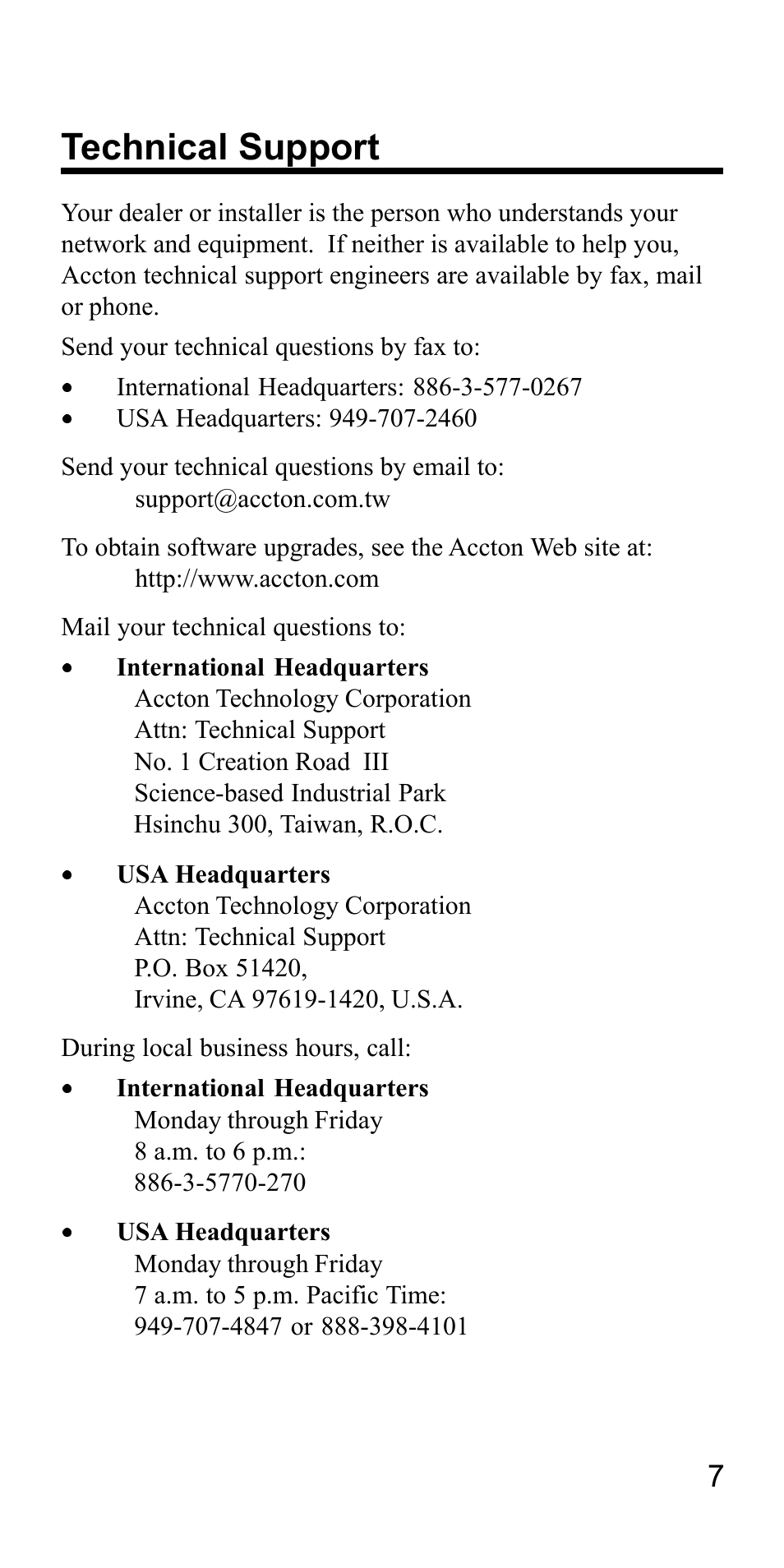 Technical support | Accton Technology FAST ETHERCARD 32 User Manual | Page 7 / 8