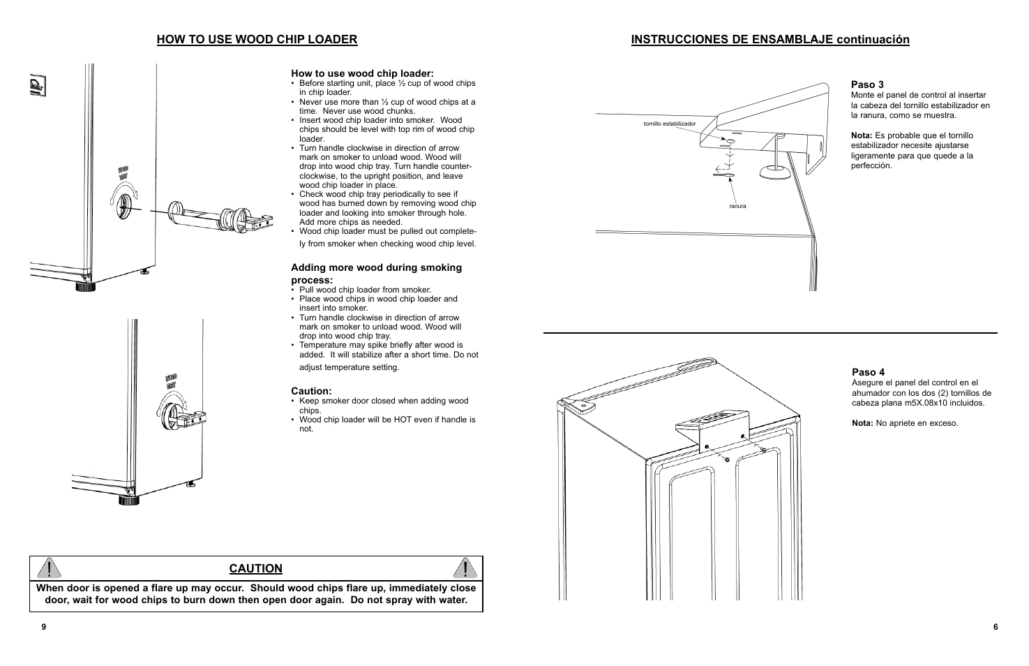How to use wood chip loader caution, Instrucciones de ensamblaje continuación | Masterbuilt 30-inch Electric Digital Smokehouse Black w/ Top Control (20070910) USER GUIDE User Manual | Page 10 / 24