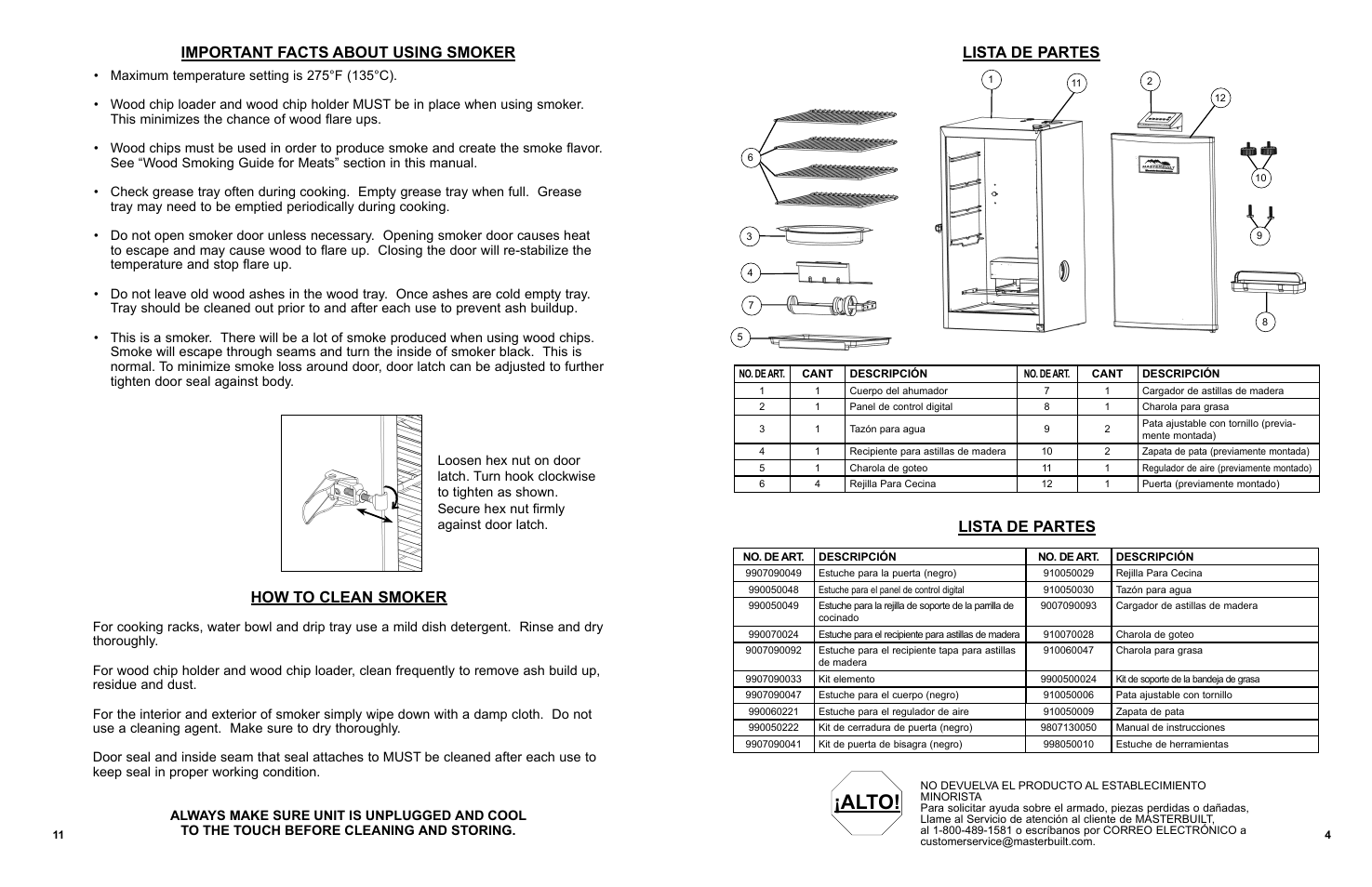 Alto, How to clean smoker, Important facts about using smoker | Lista de partes | Masterbuilt 30-inch Electric Digital Smokehouse Black w/ Top Control (20070910) USER GUIDE User Manual | Page 12 / 24