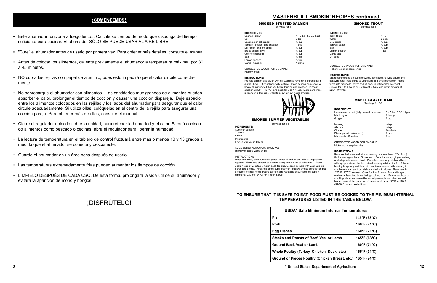 Disfrútelo, Comencemos, Masterbuilt smokin’ recipes continued | Usda* safe minimum internal temperatures | Masterbuilt 30-inch Electric Digital Smokehouse Black w/ Top Control (20070910) USER GUIDE User Manual | Page 13 / 24