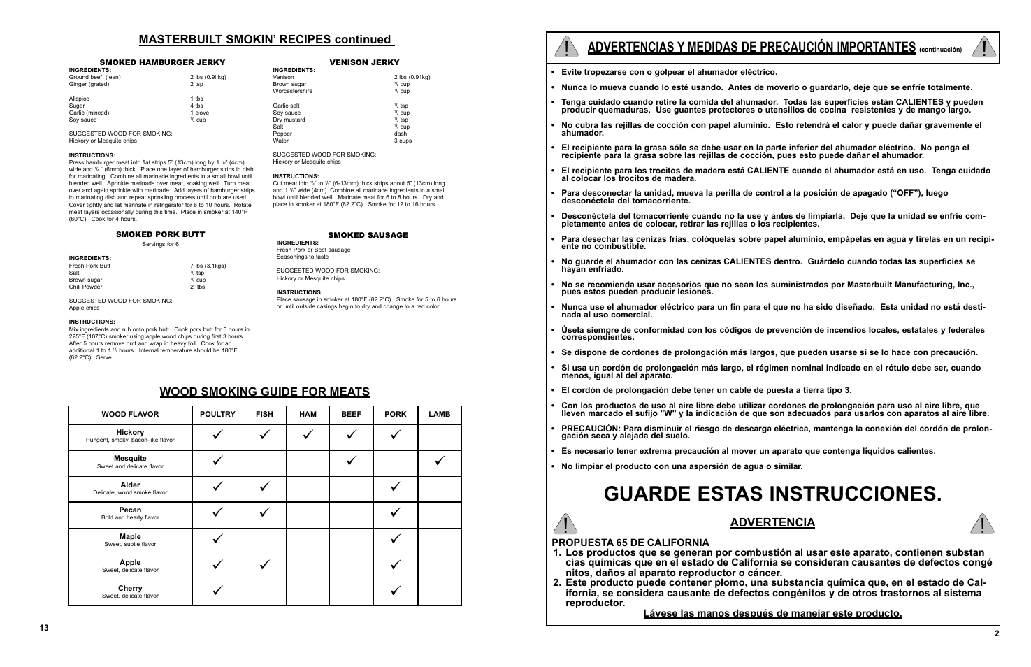 Guarde estas instrucciones, Advertencias y medidas de precaución importantes, Advertencia | Masterbuilt 30-inch Electric Digital Smokehouse Black w/ Top Control (20070910) USER GUIDE User Manual | Page 14 / 24