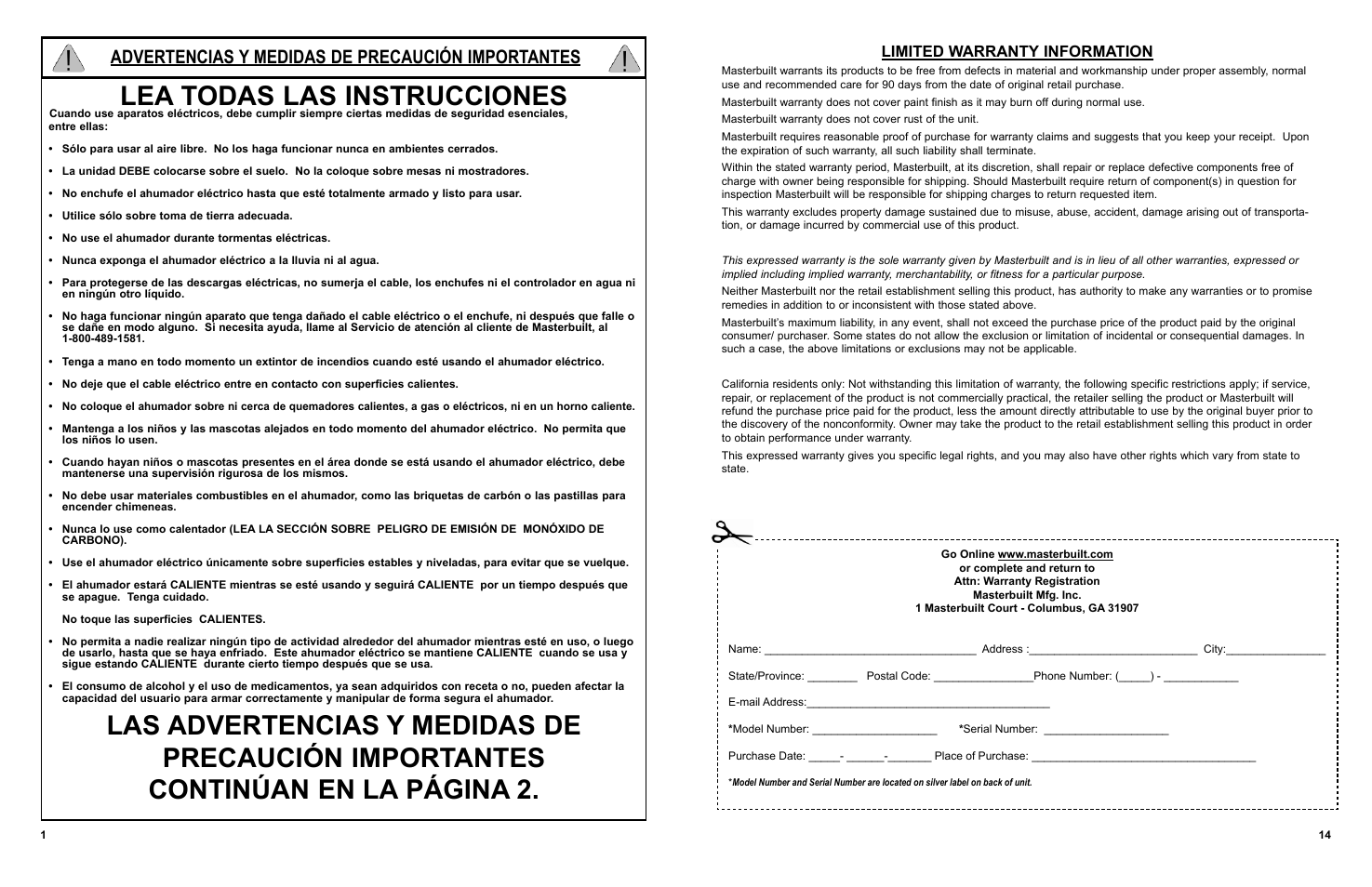Lea todas las instrucciones, Advertencias y medidas de precaución importantes, Limited warranty information | Masterbuilt 30-inch Electric Digital Smokehouse Black w/ Top Control (20070910) USER GUIDE User Manual | Page 15 / 24