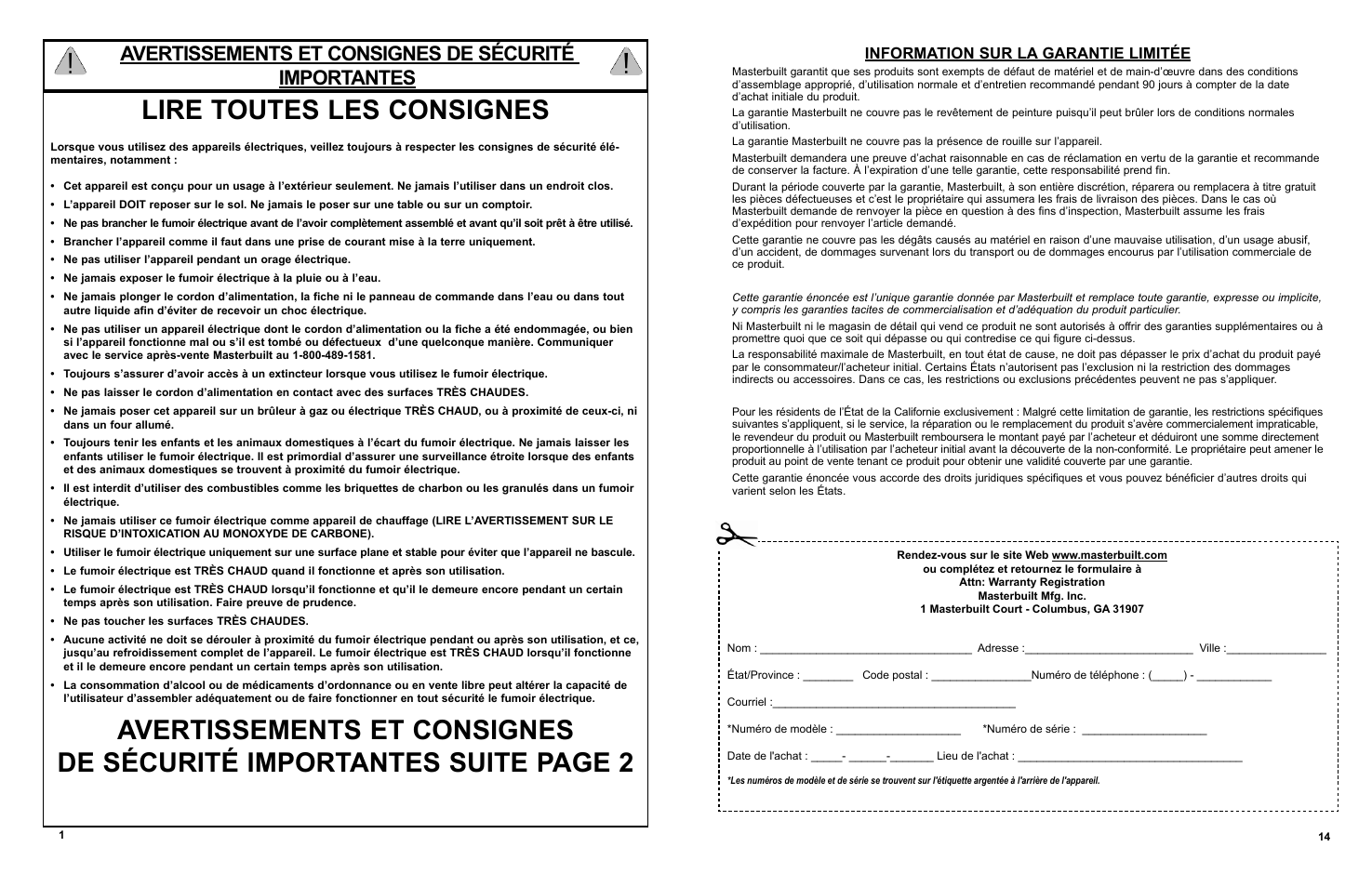 Lire toutes les consignes, Information sur la garantie limitée | Masterbuilt 30-inch Electric Digital Smokehouse Black w/ Top Control (20070910) USER GUIDE User Manual | Page 18 / 24