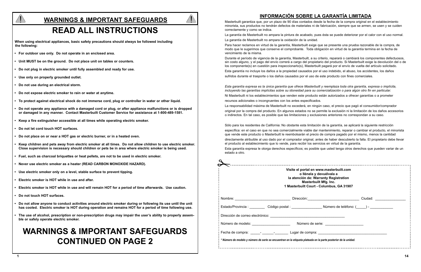 Read all instructions, Warnings & important safeguards, Información sobre la garantía limitada | Masterbuilt 30-inch Electric Digital Smokehouse Black w/ Top Control (20070910) USER GUIDE User Manual | Page 2 / 24