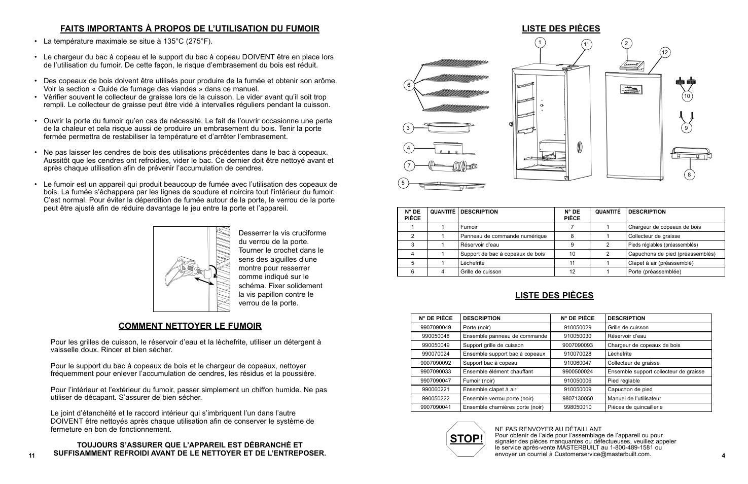 Stop, Comment nettoyer le fumoir, Liste des pièces | Masterbuilt 30-inch Electric Digital Smokehouse Black w/ Top Control (20070910) USER GUIDE User Manual | Page 21 / 24