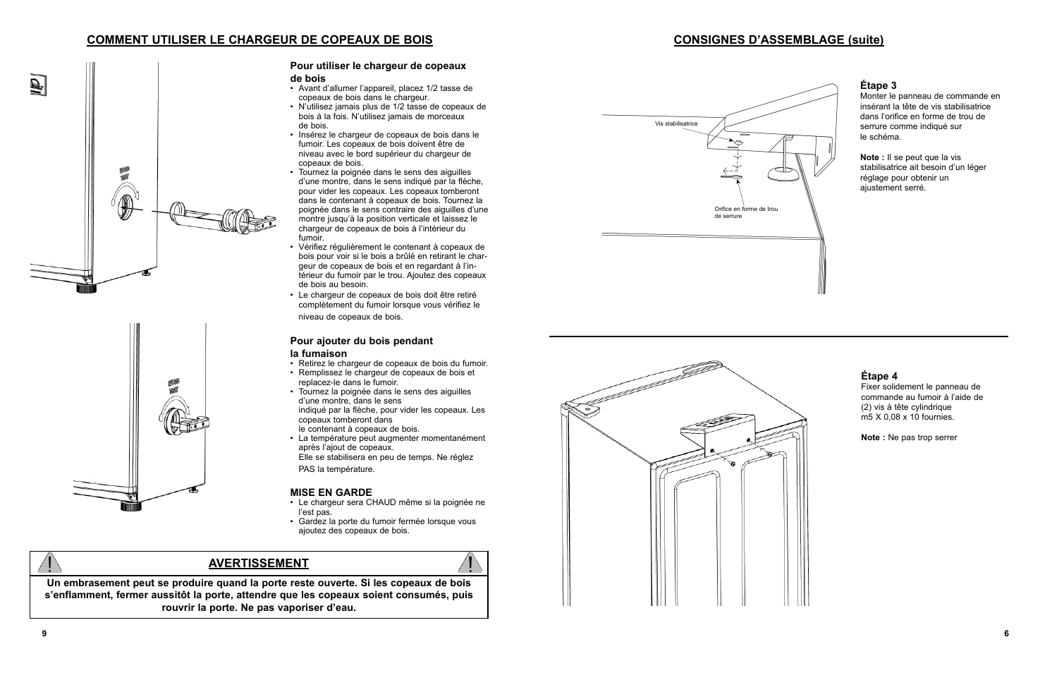 Comment utiliser le chargeur de copeaux de bois, Avertissement, Consignes d’assemblage (suite) | Masterbuilt 30-inch Electric Digital Smokehouse Black w/ Top Control (20070910) USER GUIDE User Manual | Page 23 / 24
