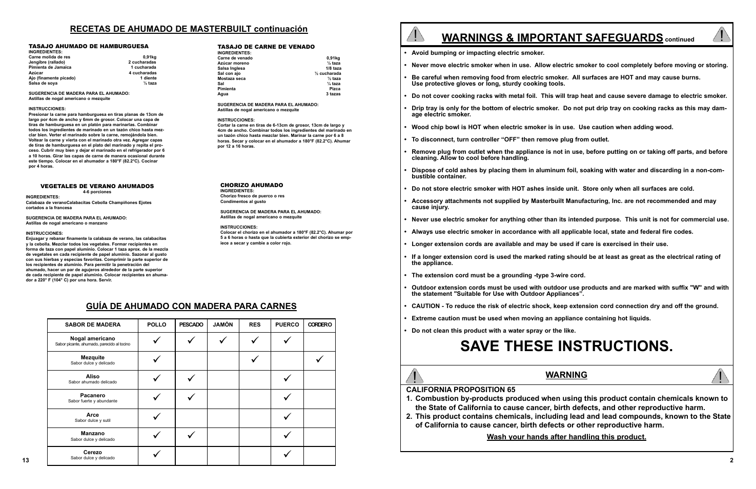 Save these instructions, Warnings & important safeguards, Warning | Masterbuilt 30-inch Electric Digital Smokehouse Black w/ Top Control (20070910) USER GUIDE User Manual | Page 3 / 24