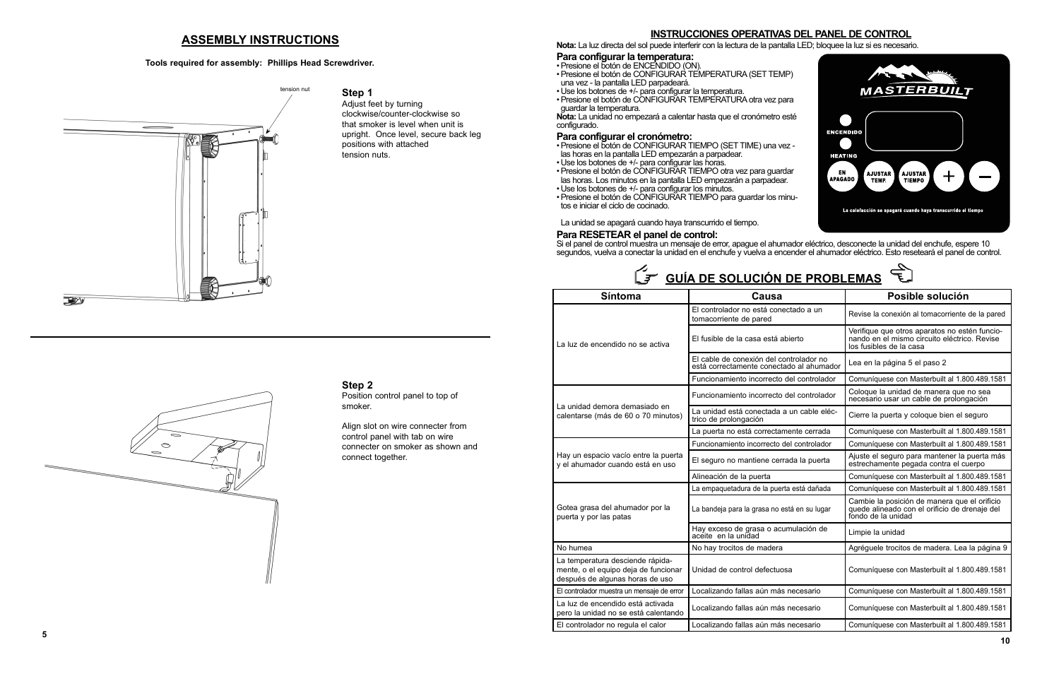 Assembly instructions, Guía de solución de problemas, Step 2 | Step 1, Para configurar la temperatura, Para configurar el cronómetro, Para resetear el panel de control, Instrucciones operativas del panel de control, Síntoma causa posible solución | Masterbuilt 30-inch Electric Digital Smokehouse Black w/ Top Control (20070910) USER GUIDE User Manual | Page 6 / 24
