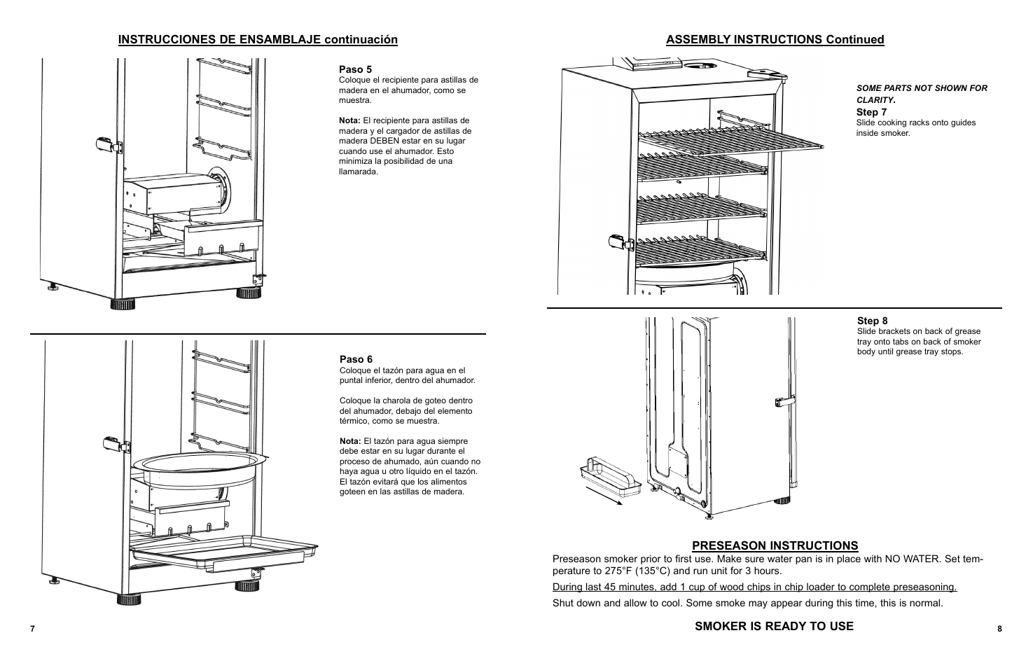 Instrucciones de ensamblaje continuación, Smoker is ready to use preseason instructions, Assembly instructions continued | Masterbuilt 30-inch Electric Digital Smokehouse Black w/ Top Control (20070910) USER GUIDE User Manual | Page 9 / 24