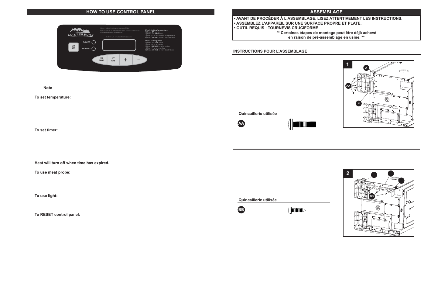 How to use control panel, Assemblage, Vis st4 de 16 mm bb quincaillerie utilisée x 8 | Masterbuilt 30-inch Electric Digital Smokehouse Black (20070213) USER GUIDE User Manual | Page 12 / 28