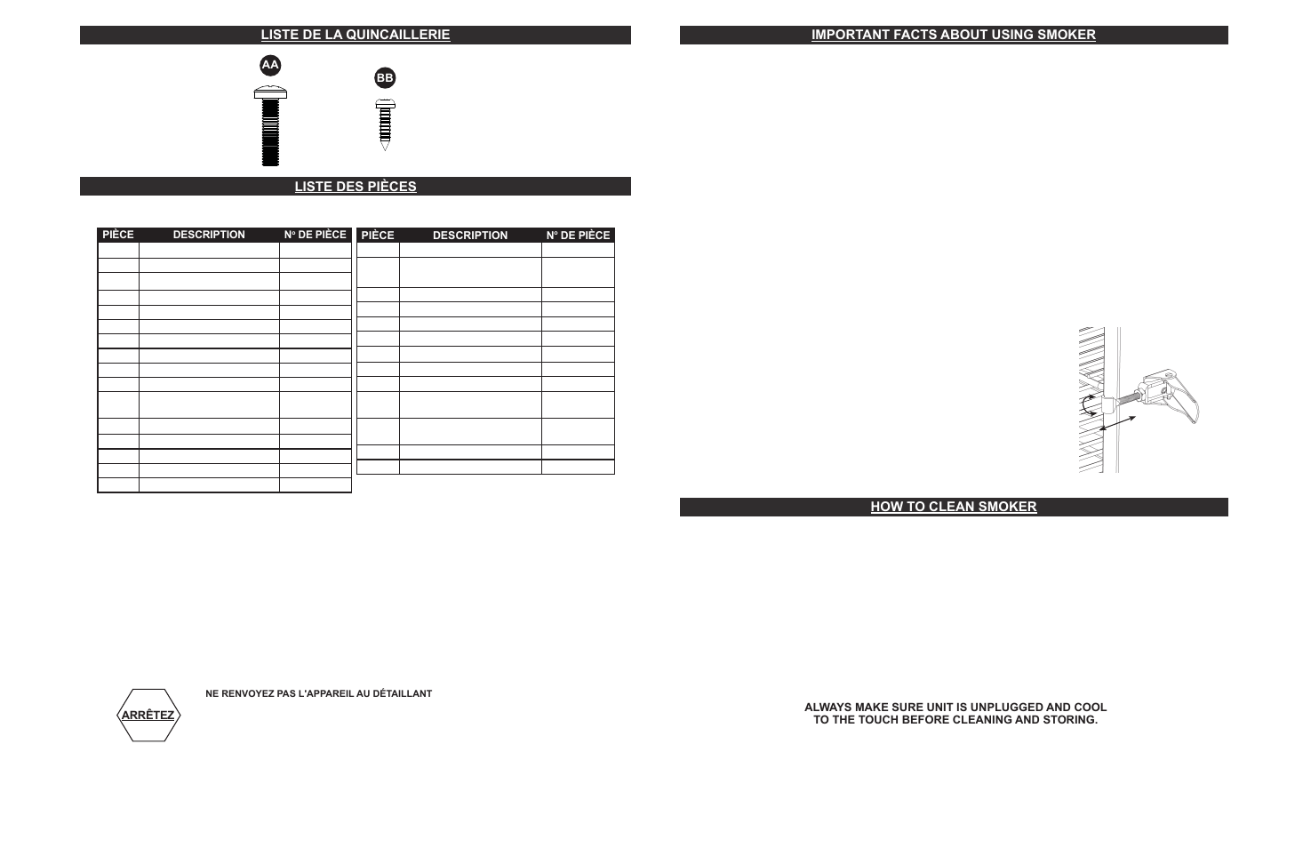 Liste des pièces, Liste de la quincaillerie, Important facts about using smoker | How to clean smoker | Masterbuilt 30-inch Electric Digital Smokehouse Black (20070213) USER GUIDE User Manual | Page 13 / 28