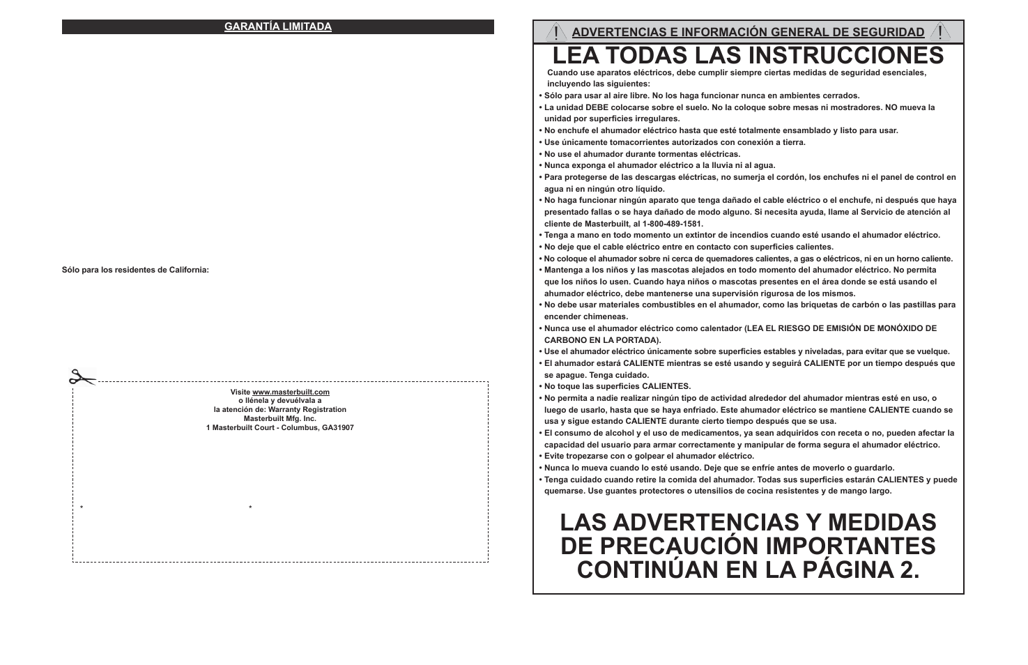Lea todas las instrucciones, Advertencias e información general de seguridad | Masterbuilt 30-inch Electric Digital Smokehouse Black (20070213) USER GUIDE User Manual | Page 21 / 28