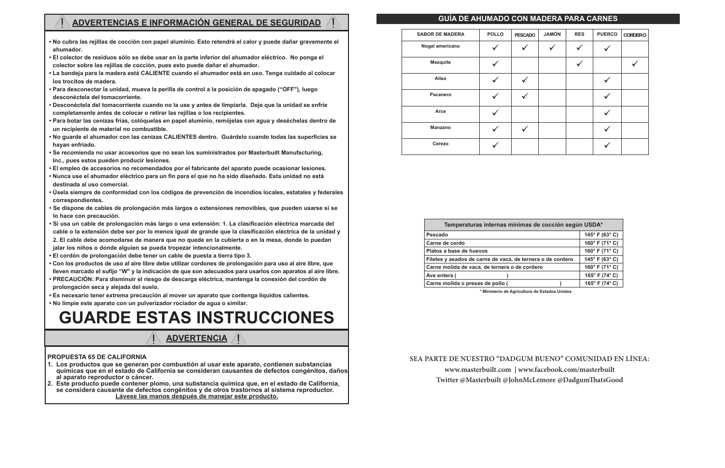 Guarde estas instrucciones, Advertencias e información general de seguridad, Advertencia | Masterbuilt 30-inch Electric Digital Smokehouse Black (20070213) USER GUIDE User Manual | Page 22 / 28