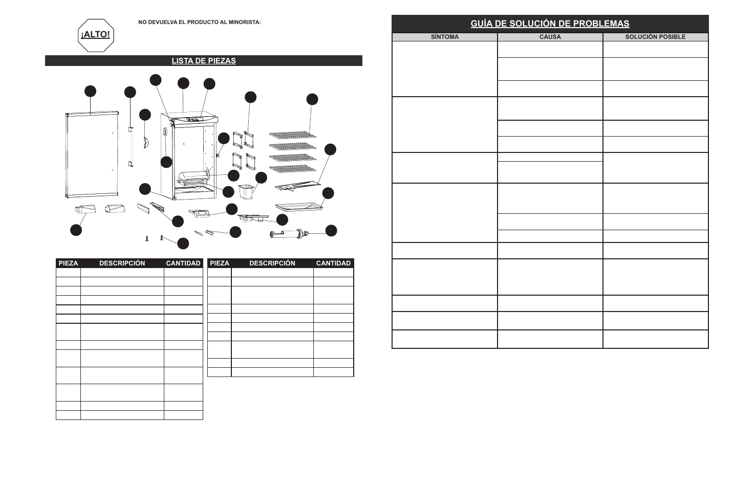 Alto, Guía de solución de problemas, Lista de piezas | Masterbuilt 30-inch Electric Digital Smokehouse Black (20070213) USER GUIDE User Manual | Page 24 / 28
