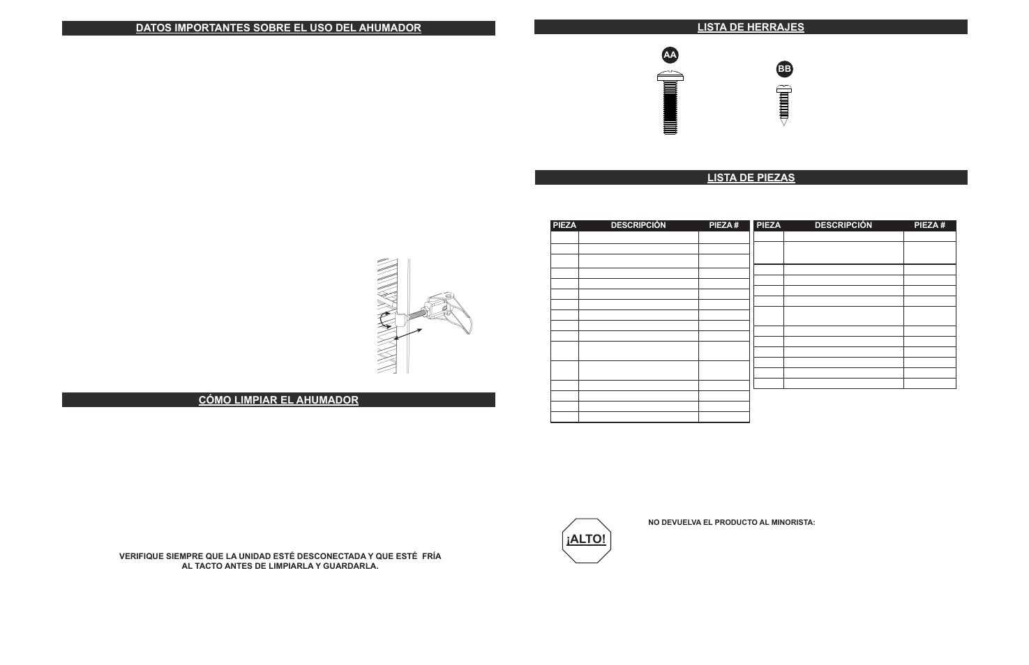 Alto, Datos importantes sobre el uso del ahumador, Cómo limpiar el ahumador | Lista de piezas lista de herrajes | Masterbuilt 30-inch Electric Digital Smokehouse Black (20070213) USER GUIDE User Manual | Page 25 / 28