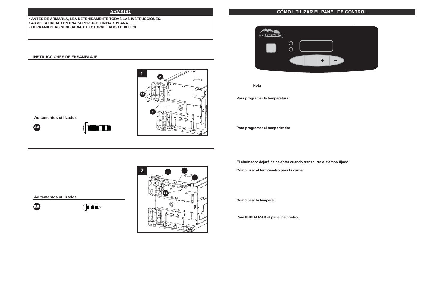 Armado, Cómo utilizar el panel de control | Masterbuilt 30-inch Electric Digital Smokehouse Black (20070213) USER GUIDE User Manual | Page 26 / 28