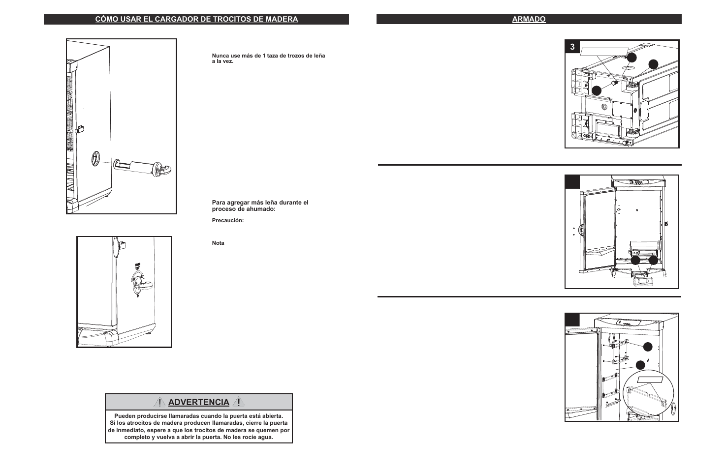 Advertencia, Cómo usar el cargador de trocitos de madera, Armado | Masterbuilt 30-inch Electric Digital Smokehouse Black (20070213) USER GUIDE User Manual | Page 27 / 28