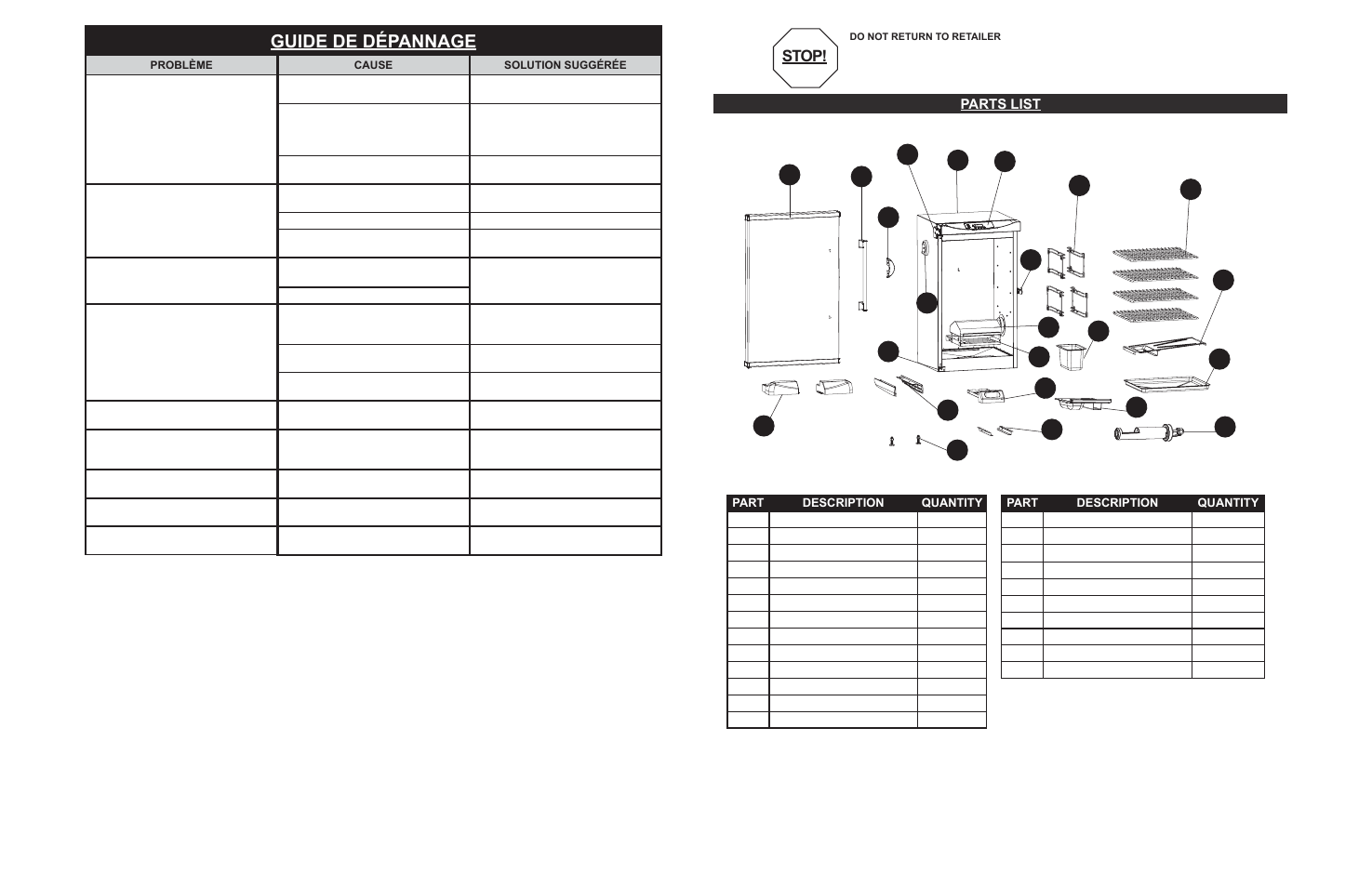 Guide de dépannage, Stop, Parts list | Masterbuilt 30-inch Electric Digital Smokehouse Black (20070213) USER GUIDE User Manual | Page 5 / 28