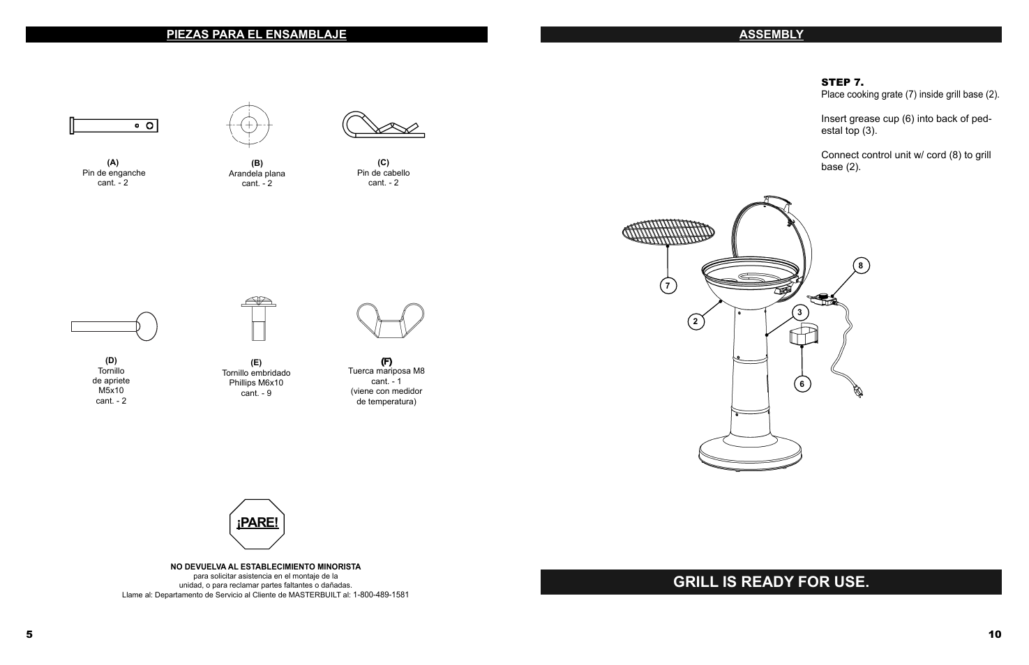 Grill is ready for use, Pare, Piezas para el ensamblaje | Assembly | Masterbuilt Veranda Grill (20150210, 20150414, 20150514, 20150614) User Manual | Page 11 / 16