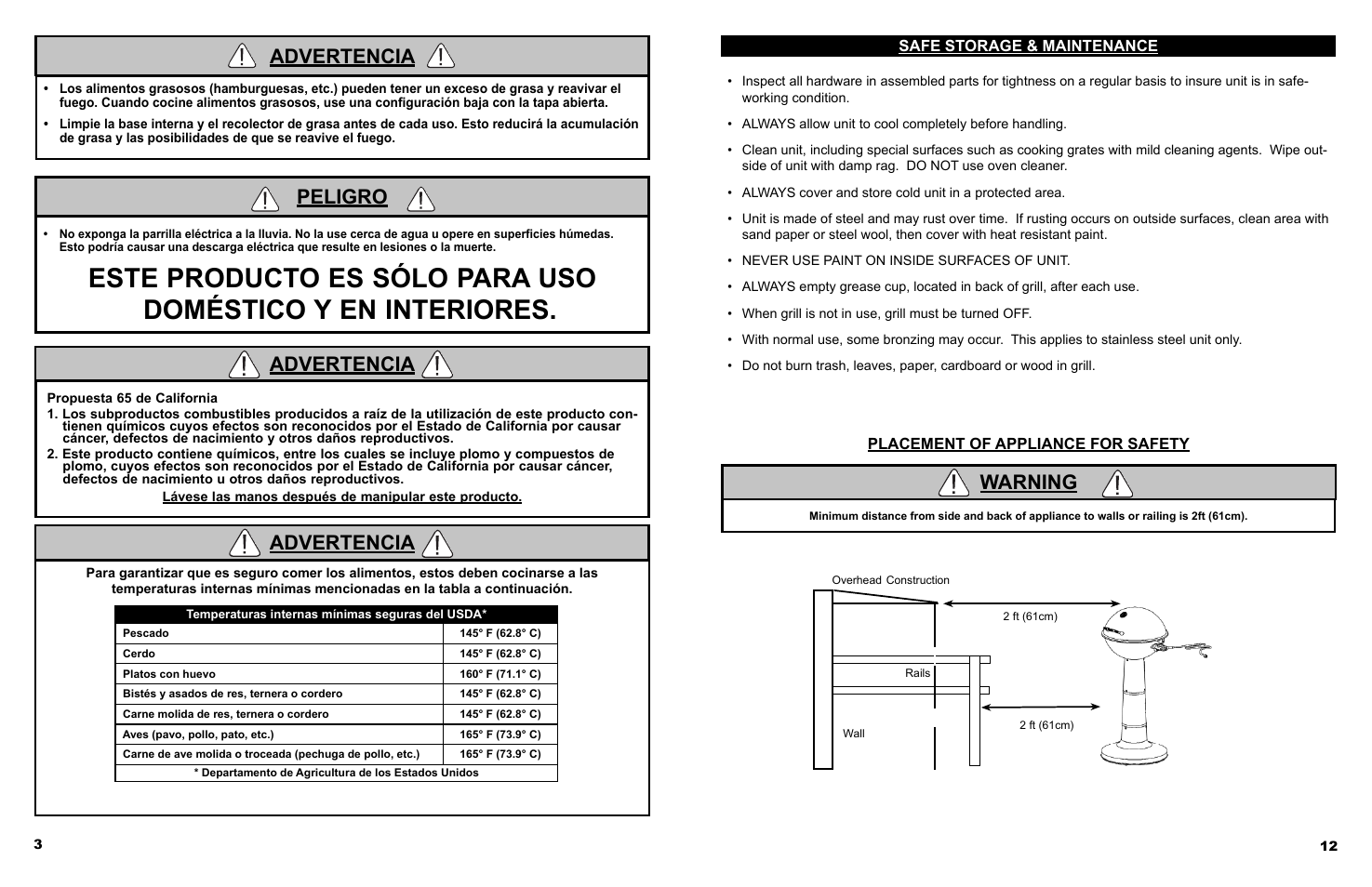 Advertencia, Peligro, Warning | Masterbuilt Veranda Grill (20150210, 20150414, 20150514, 20150614) User Manual | Page 13 / 16