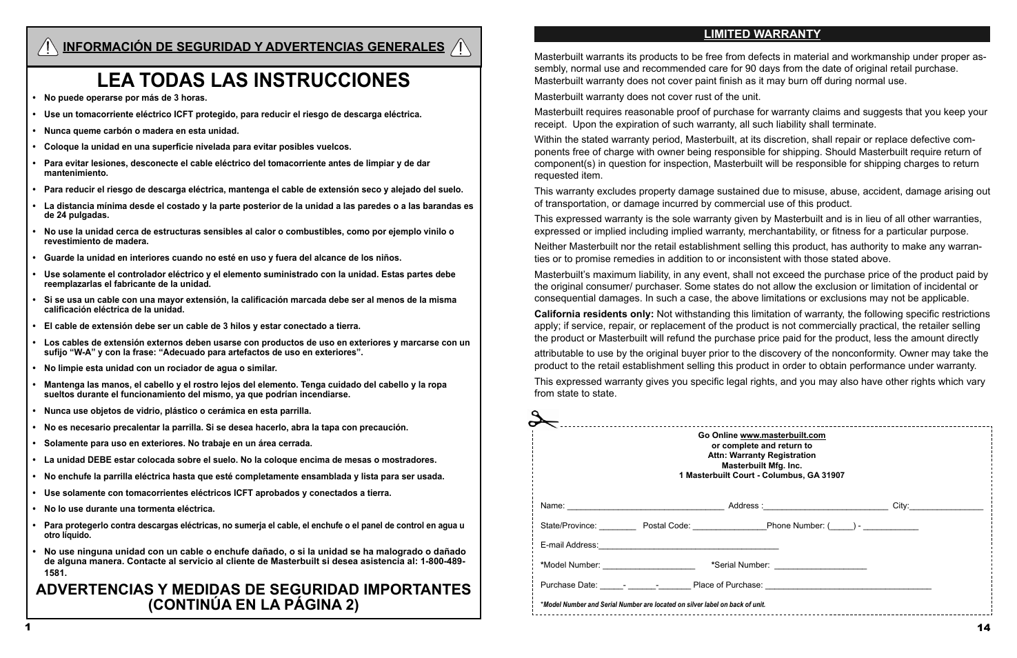 Lea todas las instrucciones, Advertencias y medidas de seguridad importantes, Continúa en la página 2) | Información de seguridad y advertencias generales, Limited warranty | Masterbuilt Veranda Grill (20150210, 20150414, 20150514, 20150614) User Manual | Page 15 / 16