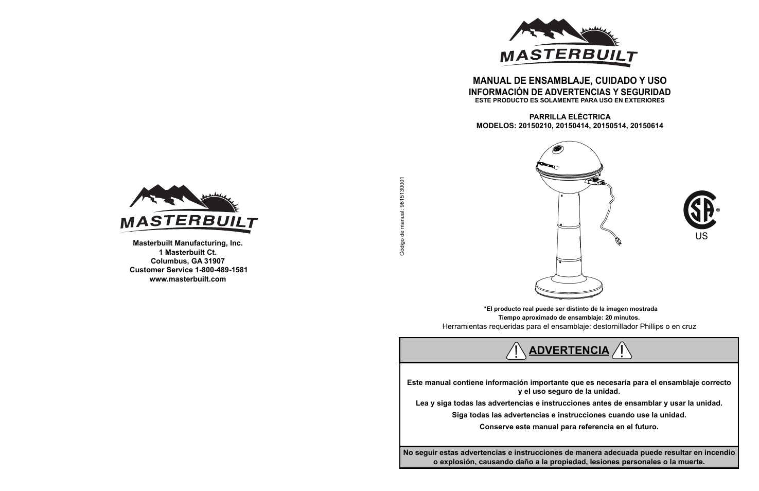 Advertencia, Manual de ensamblaje, cuidado y uso, Información de advertencias y seguridad | Masterbuilt Veranda Grill (20150210, 20150414, 20150514, 20150614) User Manual | Page 16 / 16