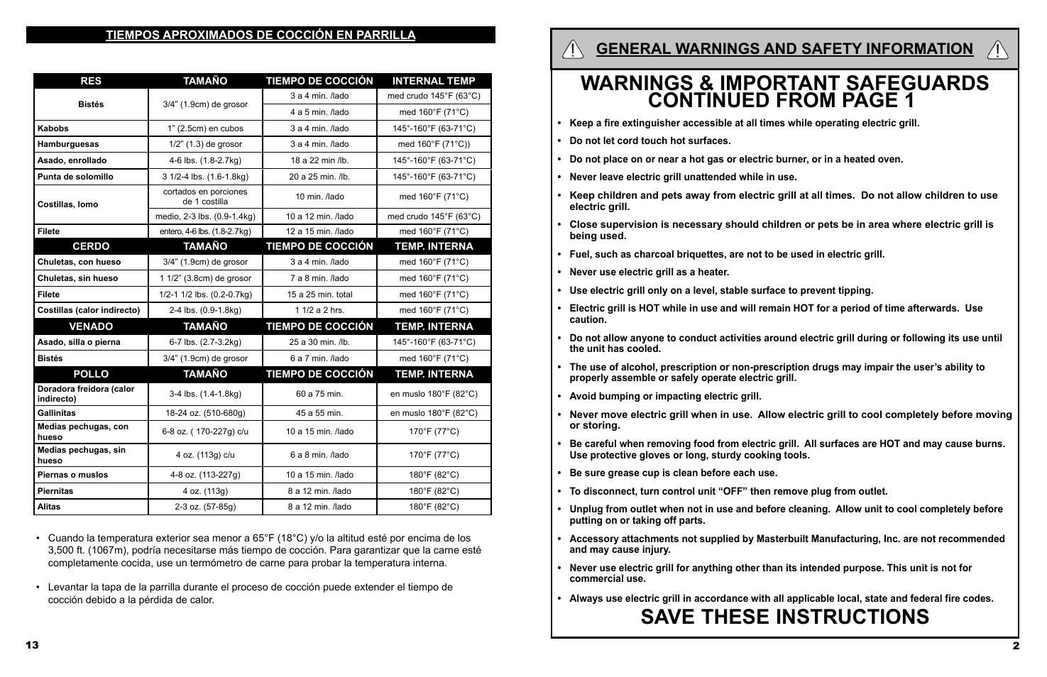 Save these instructions, General warnings and safety information, Tiempos aproximados de cocción en parrilla | Masterbuilt Veranda Grill (20150210, 20150414, 20150514, 20150614) User Manual | Page 3 / 16