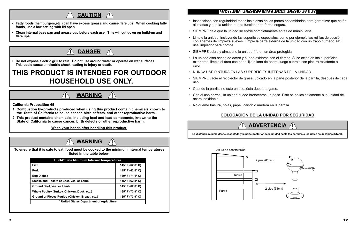 Warning, Warning caution, Danger | Advertencia | Masterbuilt Veranda Grill (20150210, 20150414, 20150514, 20150614) User Manual | Page 4 / 16