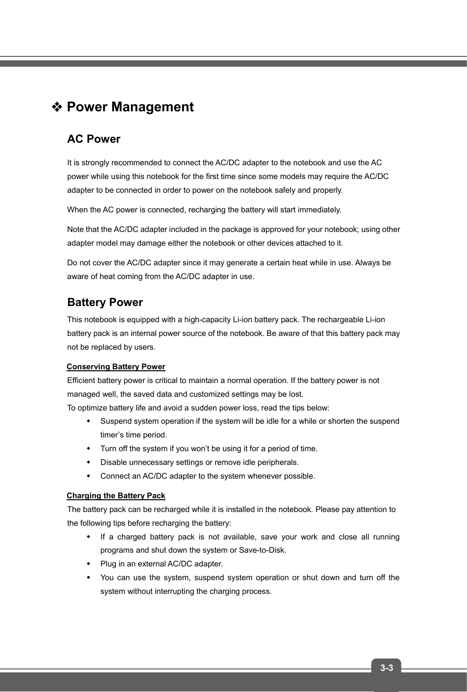 Power management, Ac power, Battery power | MSI GT72 DOMINATOR (GTX 970M) User Manual | Page 29 / 48