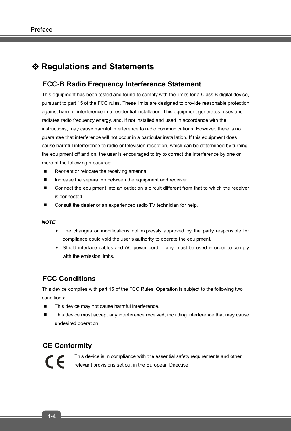 Regulations and statements, Fcc-b radio frequency interference statement, Fcc conditions | Ce conformity | MSI GT72 DOMINATOR (GTX 970M) User Manual | Page 4 / 48