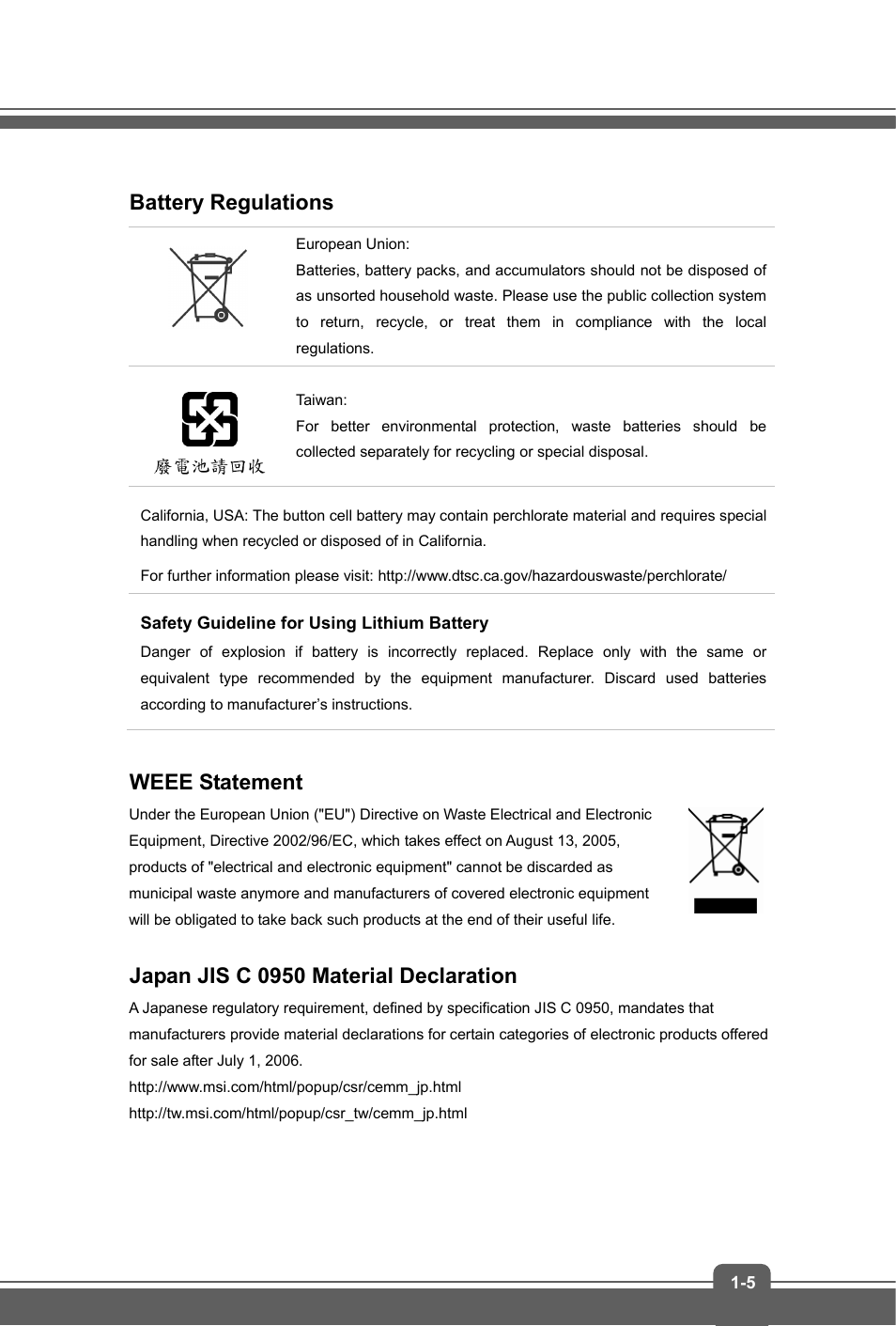 Battery regulations, Weee statement, Japan jis c 0950 material declaration | MSI GT72 DOMINATOR (GTX 970M) User Manual | Page 5 / 48