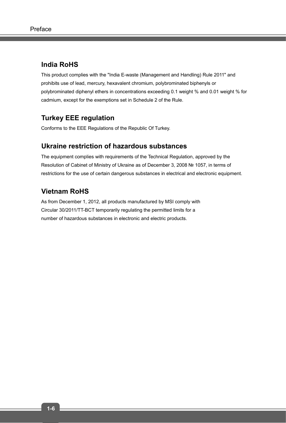 India rohs, Turkey eee regulation, Ukraine restriction of hazardous substances | Vietnam rohs | MSI GT72 DOMINATOR (GTX 970M) User Manual | Page 6 / 48