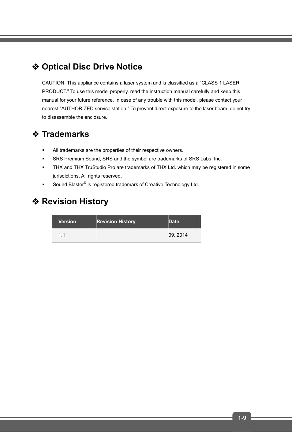 Optical disc drive notice, Trademarks, Revision history | MSI GT72 DOMINATOR (GTX 970M) User Manual | Page 9 / 48