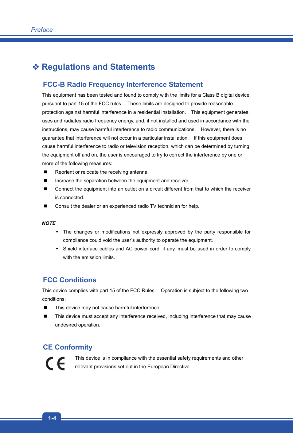 Regulations and statements, Fcc-b radio frequency interference statement, Fcc conditions | Ce conformity | MSI GT70 DOMINATOR DRAGON User Manual | Page 4 / 48