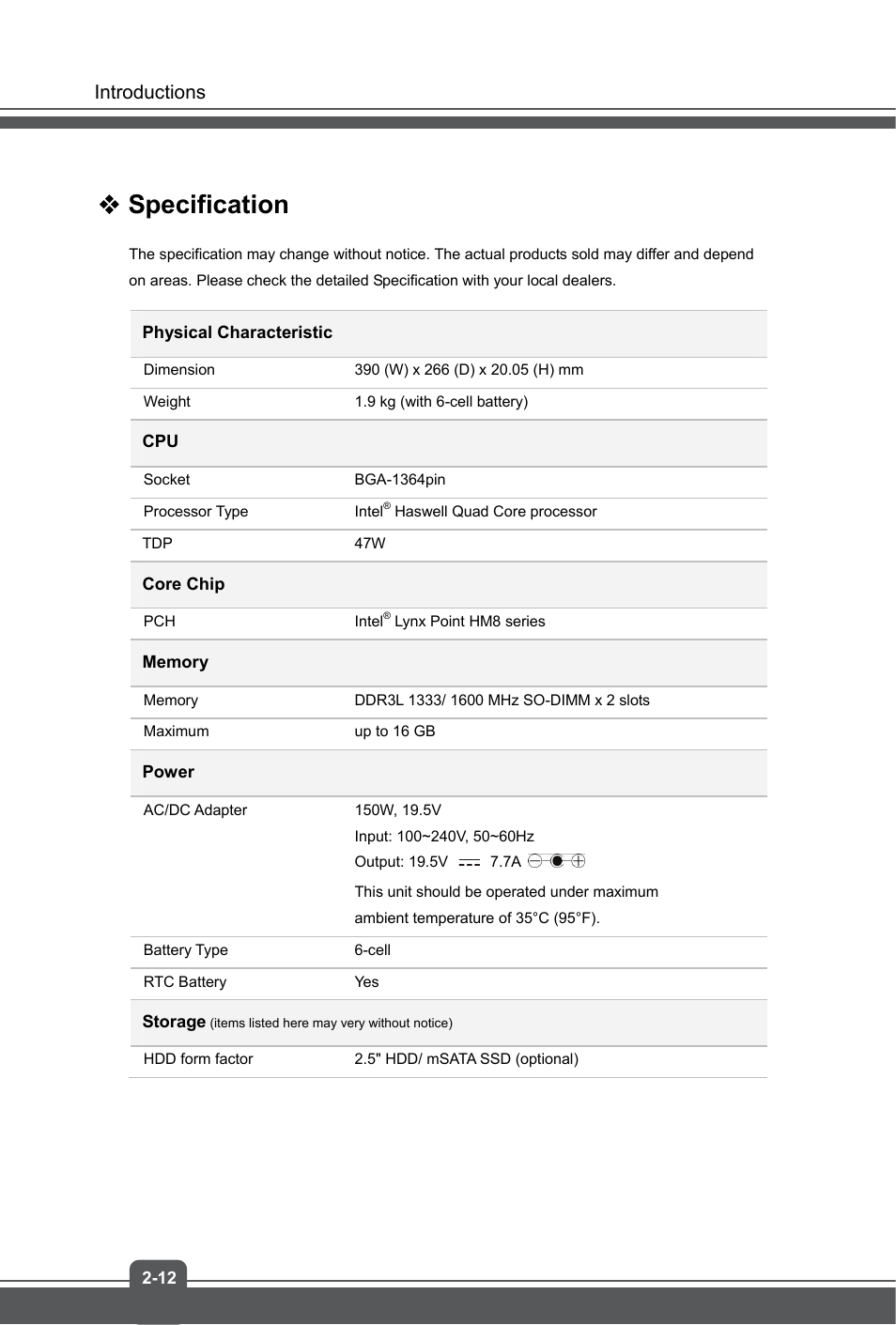 Specification | MSI GS60 GHOST User Manual | Page 20 / 42